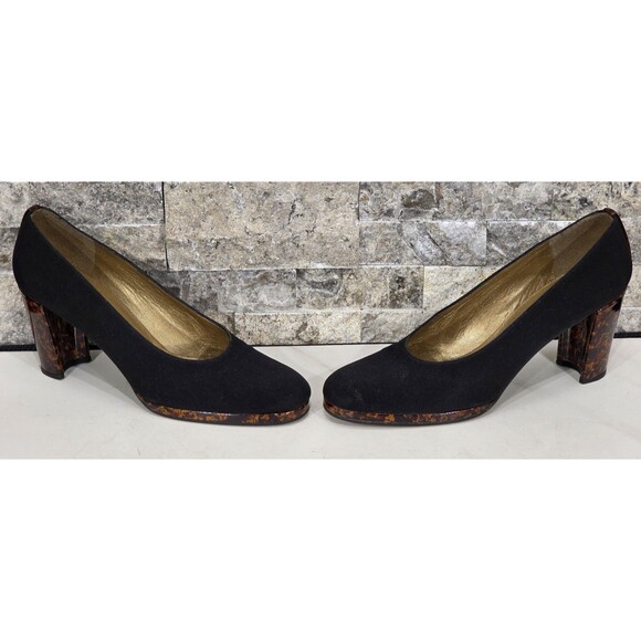 Stuart Weitzman Suede Leather Pumps Tortoise Shell Heel Black Spain Women's 8AA - Picture 10 of 13